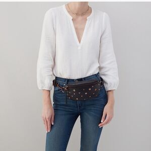 HOBO Fern Studded Leather Belt Bag Fanny Pack Crossbody, Black/Rose Gold NWT‎
